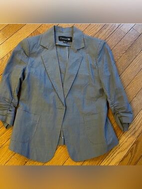 FOREVER 21 Gray Lightweight Linen 3/4 Ruched Sleeve Blazer